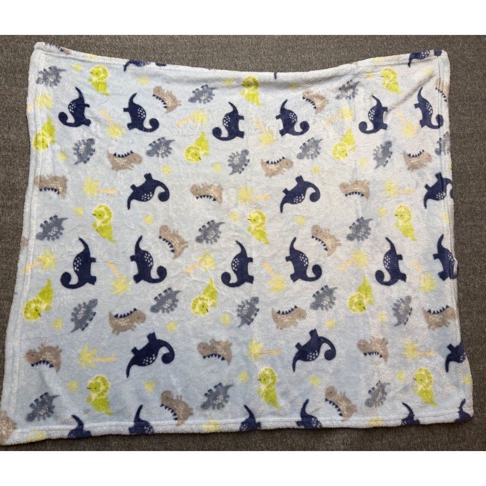 Parents Choice Blue Dinosaur Plush Baby Blanket  Navy Lime Grey Soft Fleece